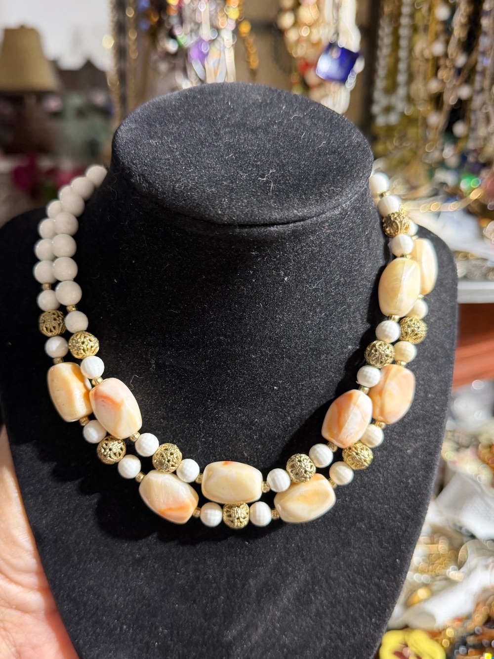 Vintage Double Strand Lucite Filigree Choker Necklace Size 14”-17”